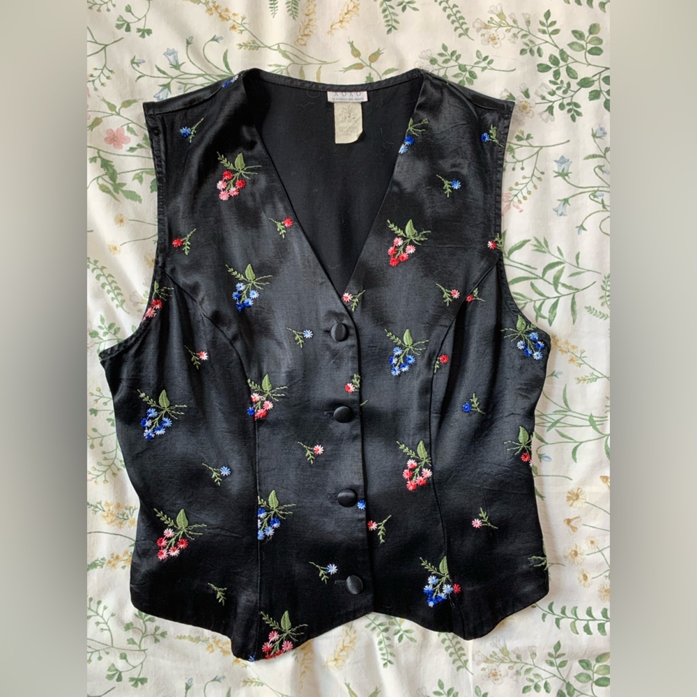 Vintage Black Satin Vest with Floral Embroidery